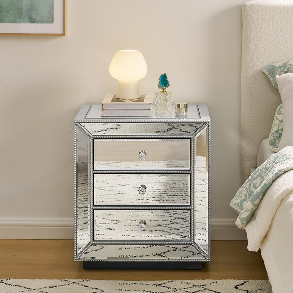 English Elm Three Drawer Mirrored Cabinet with Pearl Lacquer Finish and Crystal Pulls for Glam Decor W1005P416743