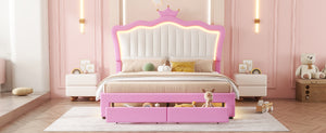 English Elm Full Size Upholstered Bed Frame With Led Lights – Chic Pink Princess Design, Crown Headboard & Storage Drawers W2770P190367