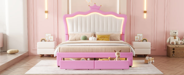English Elm Full Size Upholstered Bed Frame With Led Lights – Chic Pink Princess Design, Crown Headboard & Storage Drawers W2770P190367