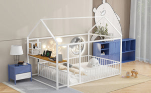 English Elm Full Size Metal House Bed Frame with Desk, Shelves, USB Power Ports & Playful Roof for Kids Room Delight White N737P173491K