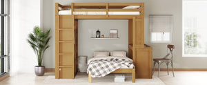English Elm Full Solid Wood Loft Bed with Removable Lower Bed, Built-In Desk, Shelves & Wardrobe for Space-Saving Designs Natural W1580S00213