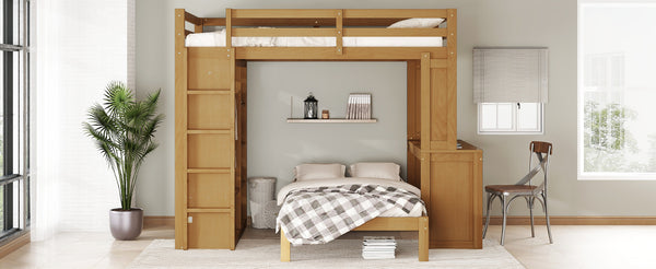 English Elm Full Solid Wood Loft Bed with Removable Lower Bed, Built-In Desk, Shelves & Wardrobe for Space-Saving Designs Natural W1580S00213