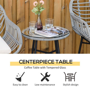 English Elm Outsunny 3-Piece Modern Bistro Set With Cushions, Hand-Woven Rattan & Tempered Glass For Outdoor Comfort W2225P200744-GIGA