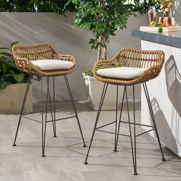 English Elm Christopher Knight Home® - DALE Hand-Wrapped Outdoor Wicker Barstool Set of 2 with Water-Resistant Cushions and Iron Frame Brown+Beige 65482.00LBRN