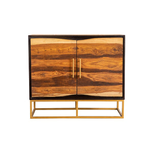 English Elm Denali Variegated Black Walnut 2-Door Accent Cabinet with Soft Gold Metal Base — Handcrafted Contrast B062P353471