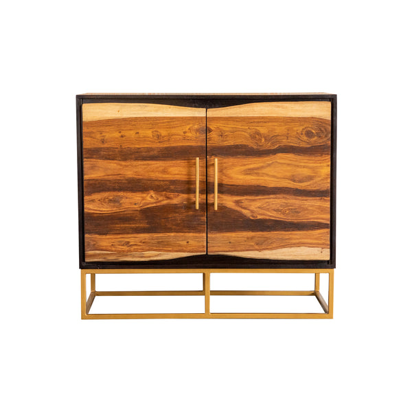English Elm Denali Variegated Black Walnut 2-Door Accent Cabinet with Soft Gold Metal Base — Handcrafted Contrast B062P353471