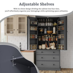 English Elm Topmax Farmhouse Pantry Cabinet 77 Inch Tall Freestanding Kitchen Storage with Drawers Gray N717S000047E