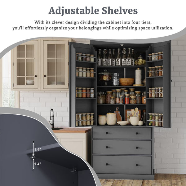 English Elm Topmax Farmhouse Pantry Cabinet 77 Inch Tall Freestanding Kitchen Storage with Drawers Gray N717S000047E