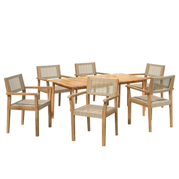 English Elm Christopher Knight Home® - Amaris Acacia Wood 7PCS Patio Dining Set with 6 Faux Wicker Chairs & Slatted Teak Table, Cozy Durable AMARIS7PDSET