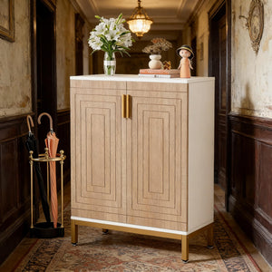 English Elm Durable White Mdf Shoe Cabinet with Gold Legs Geometric Doors Entryway Storage T3971P447602