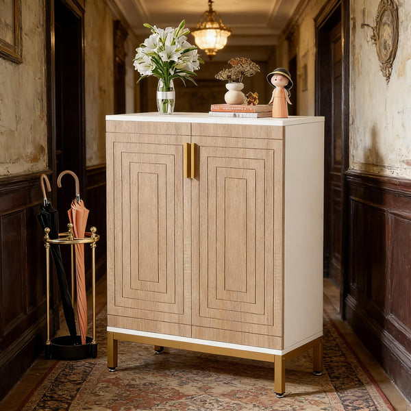 English Elm Durable White Mdf Shoe Cabinet with Gold Legs Geometric Doors Entryway Storage T3971P447602