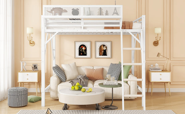 English Elm Queen Size Metal Loft Bed with Ladder and Built-In Storage Shelves, Sturdy High Bed for Teens 99" White W2580P379980