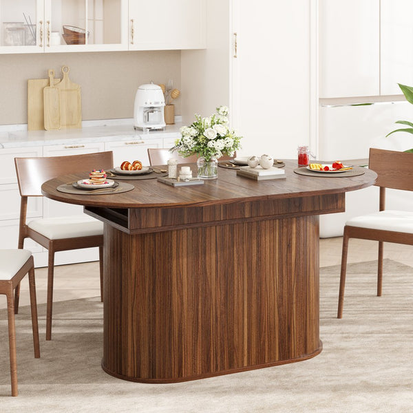 English Elm 55.11"-70.86" Extendable Dining Table with Sculpted Striped Legs Seats Six in Modern Style Walnut W757P411745