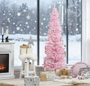 English Elm Snow Flocked Pink Pencil Artificial Christmas Tree for Entryway or Bedroom Corner T3971P412794