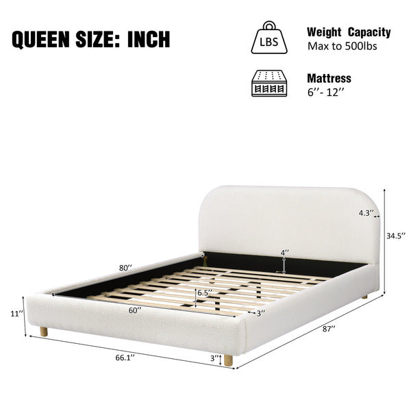 English Elm Queen Boucle Upholstered Bed Curved Foam Padded Headboard Solid Wood Legs Modern N757Q210312W-3