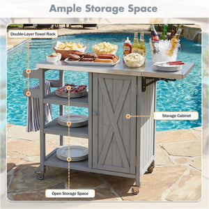 English Elm Foldable Outdoor Kitchen Cart with Stainless Worktop Fir Wood Frame and Lockable Wheels Grey N719P380281K