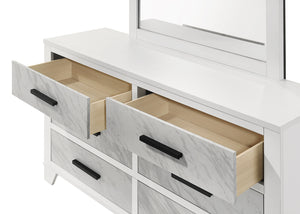 English Elm White Contemporary Dresser 58" W Faux Marble Inset Black Bar Pulls Metal Glide English Dovetail B2741P406274