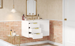 English Elm 30" Wall Mounted Bathroom Vanity with Ceramic Basin Sink, Floating Storage, Soft-Close Doors, Modern Elegance White N710P324096K