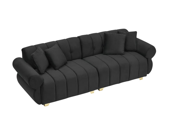 English Elm 89-inch Channel Tufted Flannelette Sofa with Spring Cushions and Polished Metal Legs W1658P329003