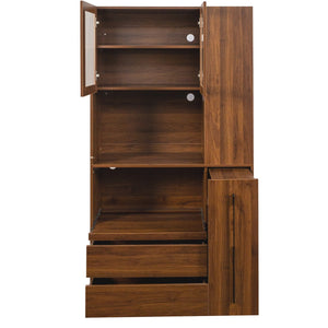 English Elm 70.87" Tall Kitchen Pantry Cabinet – Multi-Functional Storage With Glass Door, Drawers & Microwave Stand W331S00197