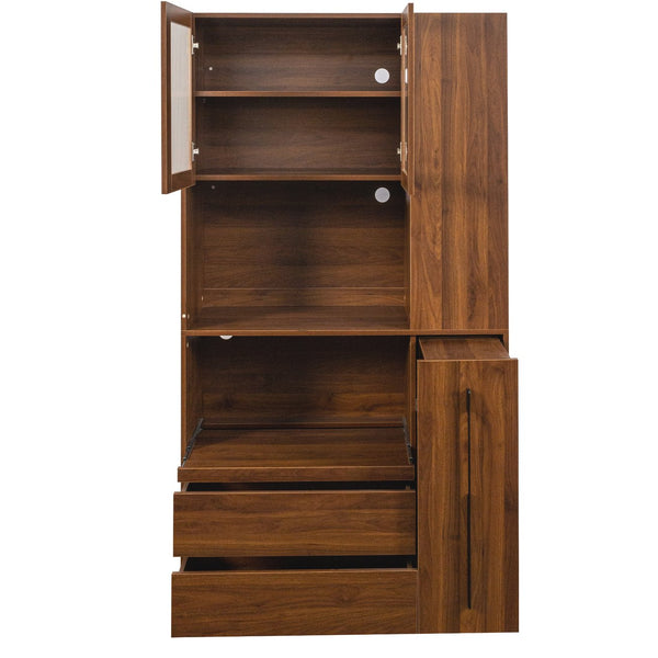 English Elm 70.87" Tall Kitchen Pantry Cabinet – Multi-Functional Storage With Glass Door, Drawers & Microwave Stand W331S00197