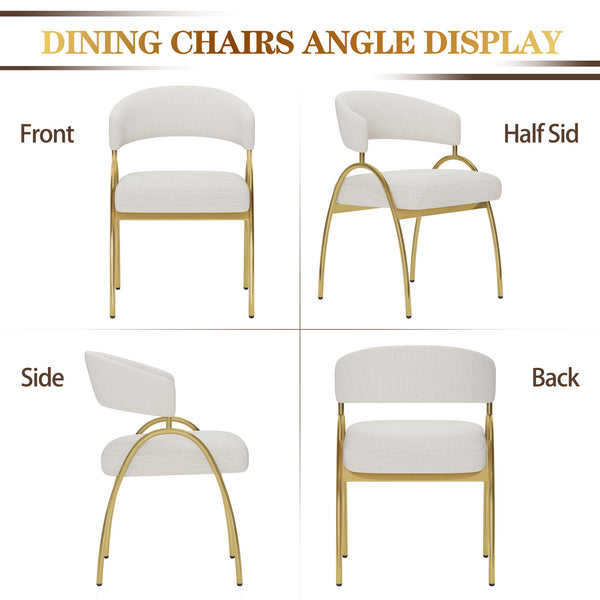 English Elm Dining Chair Set with Curved Back Gold Metal Frame Upholstered Fabric Seat Pair Beige W1567P343436