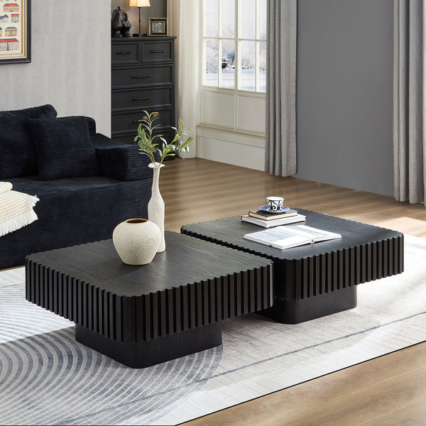 English Elm 2-piece Nesting Round Coffee Table Set Wood Veneer Sculptural Living Room Accent Black W2582S00181
