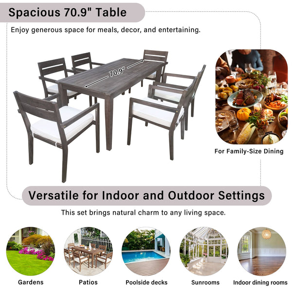 English Elm U_style Solid Acacia Wood Patio Dining Set Six Stackable Chairs Cushions Modern Outdoor Gray WY000459AAE