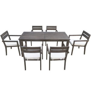 English Elm U_style Solid Acacia Wood Patio Dining Set Six Stackable Chairs Cushions Modern Outdoor Gray WY000459AAE