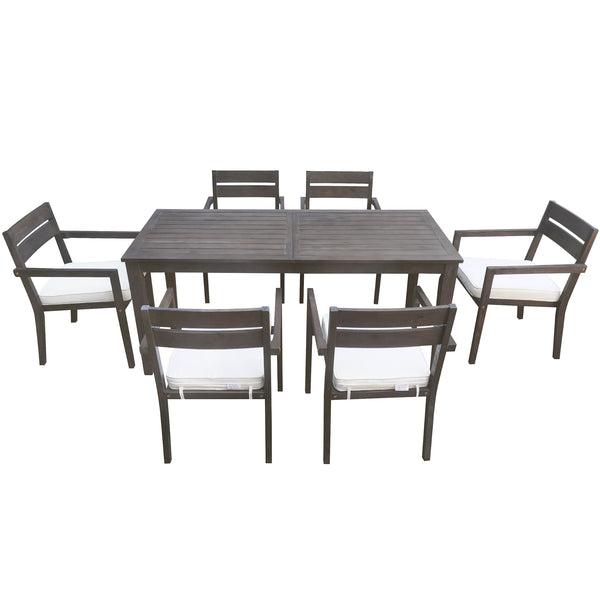 English Elm U_style Solid Acacia Wood Patio Dining Set Six Stackable Chairs Cushions Modern Outdoor Gray WY000459AAE