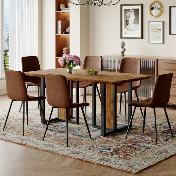 English Elm Table and Chair Set Wood Grain Mdf Top Six Seat Dining with Brown Suede Upholstered Chairs W1151S01954