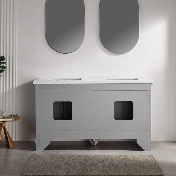 English Elm Fully 60'' Freestanding Double Bathroom Vanity with Solid Wood Base and Carrara Engineered Marble Top Gray W1826P382805