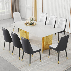 English Elm Table With Glass Top & Gold Accents, 8 Spliced Color Pu Chairs - Modern Dining Set For Any Space W1151S04358-GIGA