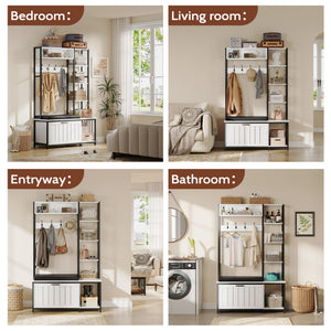 English Elm Hall Tree Entryway Organizer with Cushioned Bench Shoe Cabinet and Coat Hooks White+Black T5618P448216