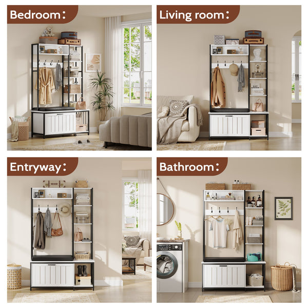 English Elm Hall Tree Entryway Organizer with Cushioned Bench Shoe Cabinet and Coat Hooks White+Black T5618P448216