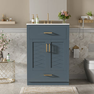 English Elm 24" Stylish Blue Bathroom Vanity With Ceramic Sink, 2 Storage Doors & Tip-Out Drawer For Organization N710P341037C