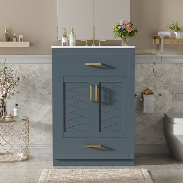 English Elm 24" Stylish Blue Bathroom Vanity With Ceramic Sink, 2 Storage Doors & Tip-Out Drawer For Organization N710P341037C