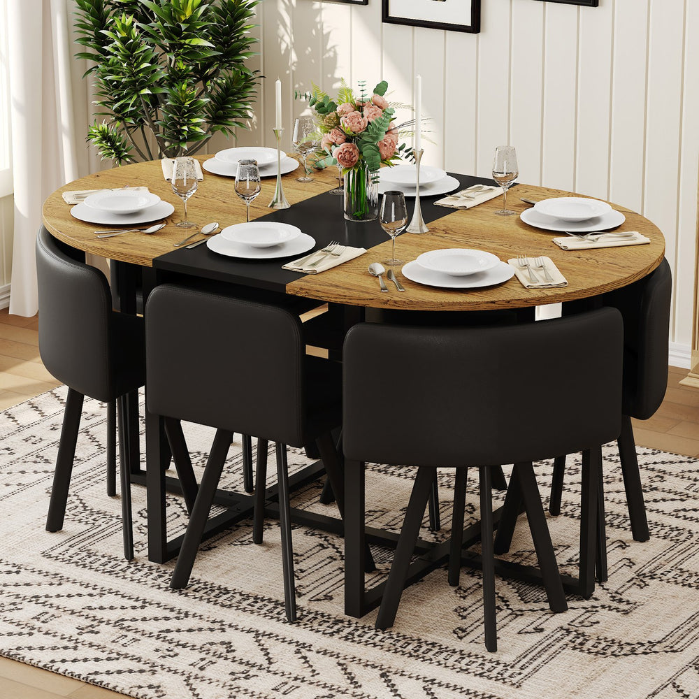 English Elm 7-piece Oval Dining Set with Pu Leather Chairs Modern Kitchen Table for Six Black,Wood W3875S00088