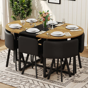 English Elm 7-piece Oval Dining Set with Pu Leather Chairs Modern Kitchen Table for Six Black,Wood W3875S00088