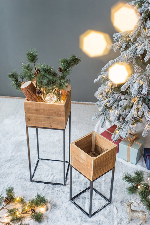 English Elm Set of 2 Reclaimed Wood Box Plant Stands with Iron Legs for Farmhouse Decor W2078P496651
