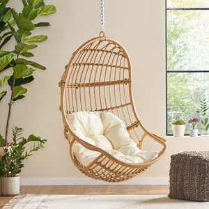 English Elm Christopher Knight Home® - SANSA Outdoor Wicker Hanging Basket Chair with Water‑Resistant Cushions, Iron Frame, Weatherproof Lounge Brown+Beige 70429.00LBGE