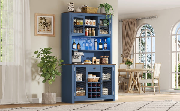 English Elm 70.9" Farmhouse Hutch Pantry with Led Lighting Wine Rack Mesh Doors and Built-in Power Navy Blue CH361426AAL