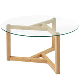 English Elm [New Picture] Round Glass Coffee Table Modern Cocktail Table Easy Assembly With Tempered Glass Top & Sturdy Wood Base, Natural (Old Sku: Wf190112Aal)