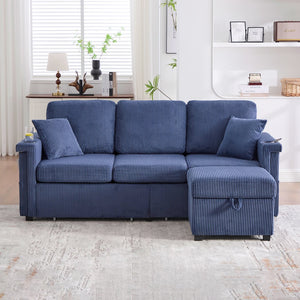 English Elm UNITED Corduroy L-Shaped Sectional Sofa with Storage Ottoman, USB Ports, Cup Holders & LED Lighting Navy W1568P332406