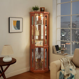 English Elm Lighted Corner Curio Cabinet - Elegant Dark Oak Display Case For Collectibles, Glassware & Decor W1758P300106