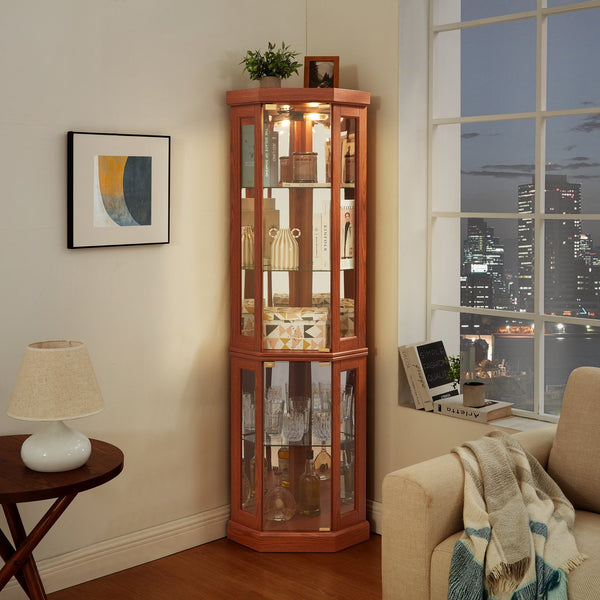 English Elm Lighted Corner Curio Cabinet - Elegant Dark Oak Display Case For Collectibles, Glassware & Decor W1758P300106