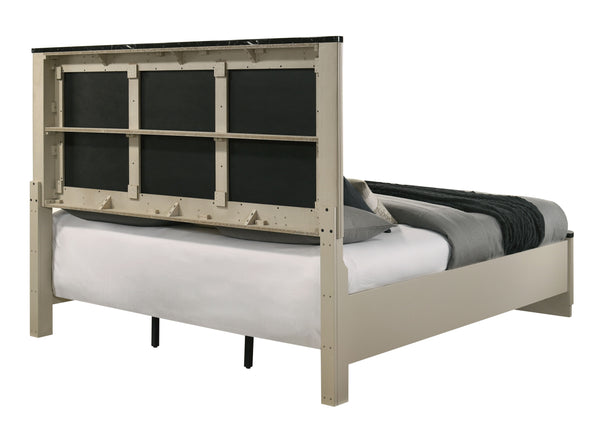 English Elm Travonte Upholstered Eastern King Bed Linen Padded Headboard Marble Panel Detail B2756S00005