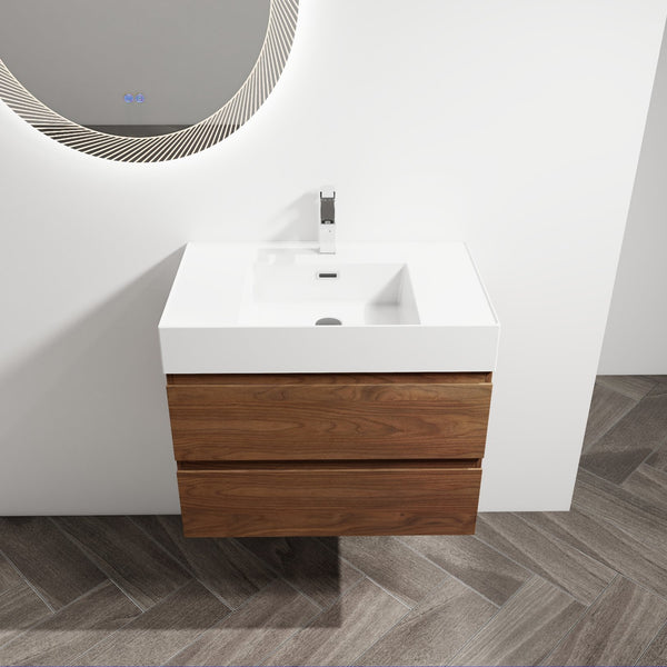 English Elm 30" Wall-Mounted Bathroom Vanity With Resin Sink, Soft-Close Drawers & Eco-Friendly Design Options W999S00200