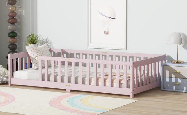 English Elm Twin Size Floor Bed With Safe Guardrails - Durable Rubberwood, Eco-Friendly Pink Design For Kids W504P286399-GIGA