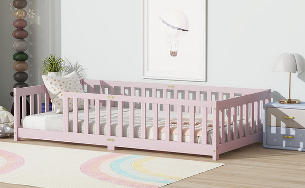 English Elm Twin Low Profile Rubberwood Floor Bed with Full Safety Fence for Toddler Rooms Pink W504P429338
